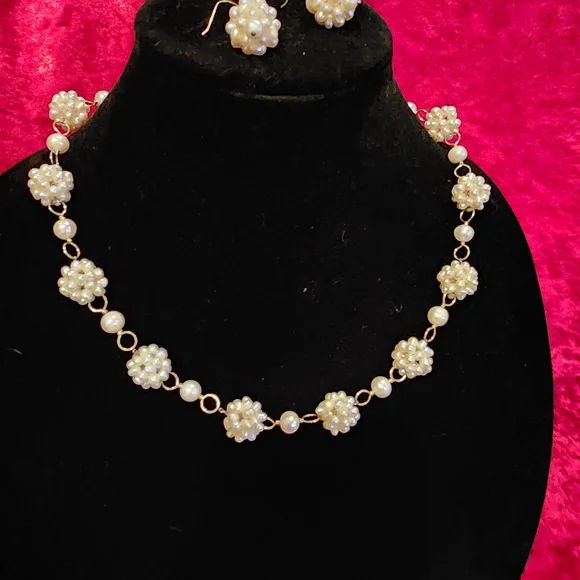 STERLING Faux Pearl Cluster Necklace and Drop Earrings Set - White